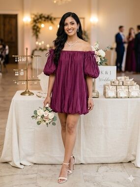 Express Pleated Off-Shoulder Dress in Plum